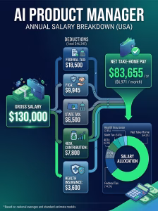 AI Product Manager salary calculation in USA showing net income after tax and 401k deductions.
