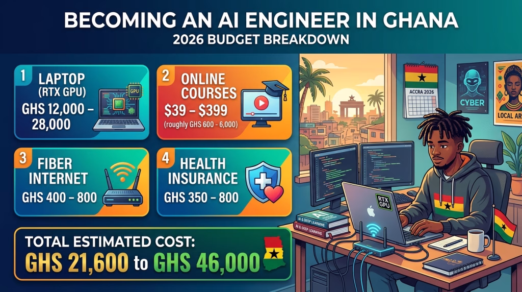 Total cost to become an AI engineer in Ghana comparing developer laptops, courses, internet data, and insurance.