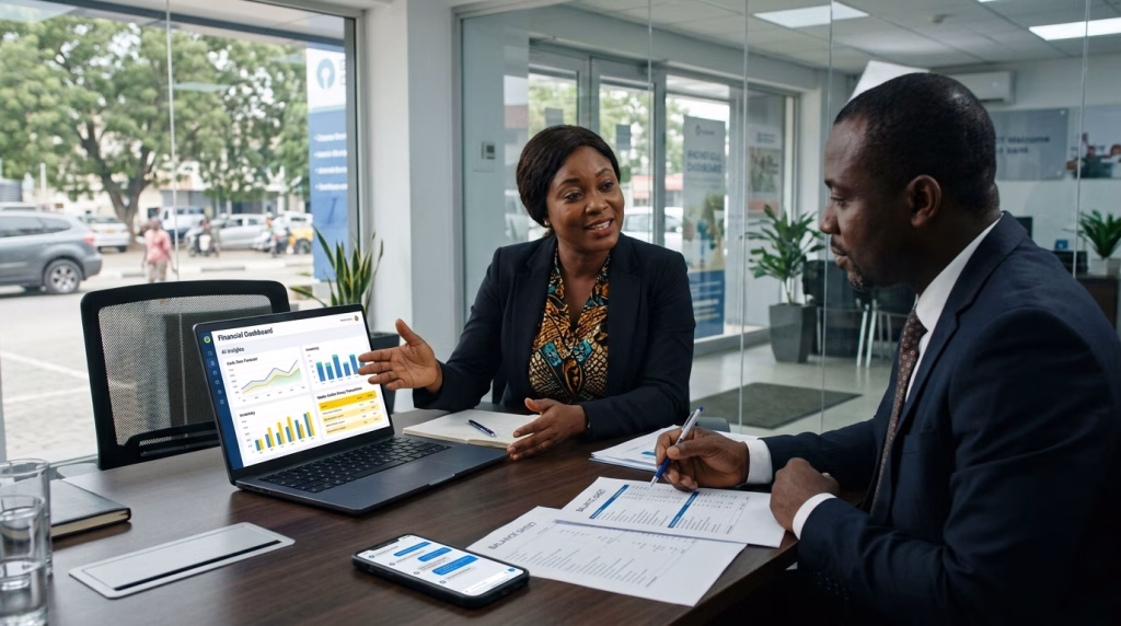 Ghanaian entrepreneur using AI financial tools to secure a small business loan from a bank.