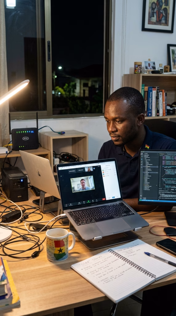 remote AI interview Ghana - Ghanaian AI engineer doing remote interview from Accra home office