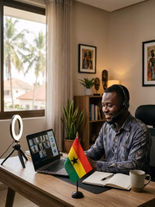 A young professional Ghanaian man in his early 30s in a modern home office in Accra, Ghana, wearing a headset, smiling confidently during a video call on a laptop. On the laptop screen, 3 video conference logos visible: Zoom, Google Meet, Microsoft Teams. Desk setup with ring light, notebook, Ghana flag small on desk. Bright natural lighting, clean minimal background, photorealistic, 4K, professional corporate style, shallow depth of field