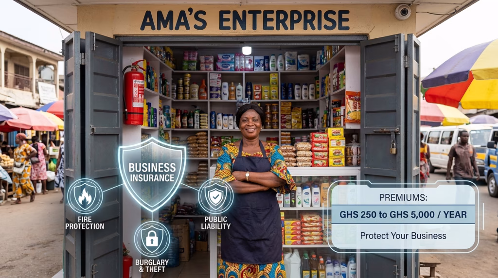 Business insurance cost for a retail shop in Accra comparing annual fire and burglary policy premiums.